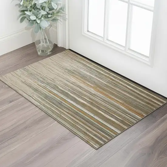 Taupe Green And Rust Striped Washable Area Rug With UV Protection Photo 2