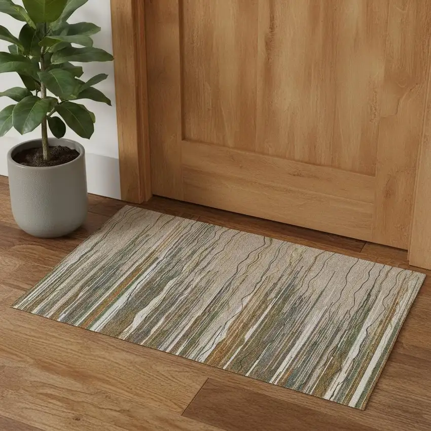 Taupe Green And Rust Striped Washable Area Rug With UV Protection Photo 1
