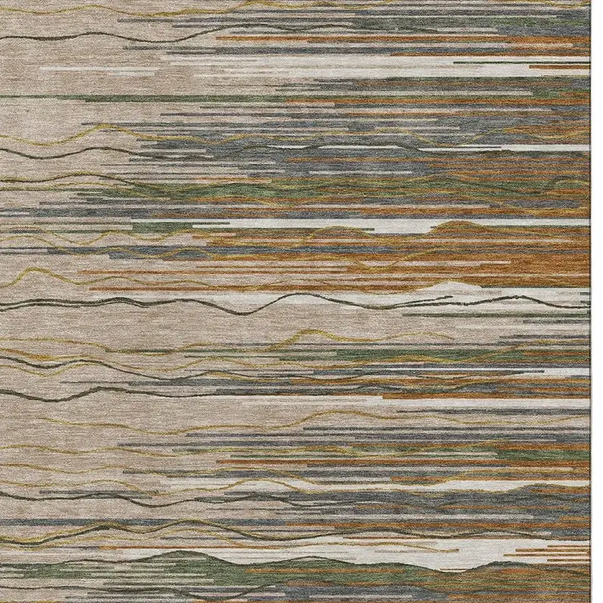 Taupe Green And Rust Striped Washable Area Rug With UV Protection Photo 3