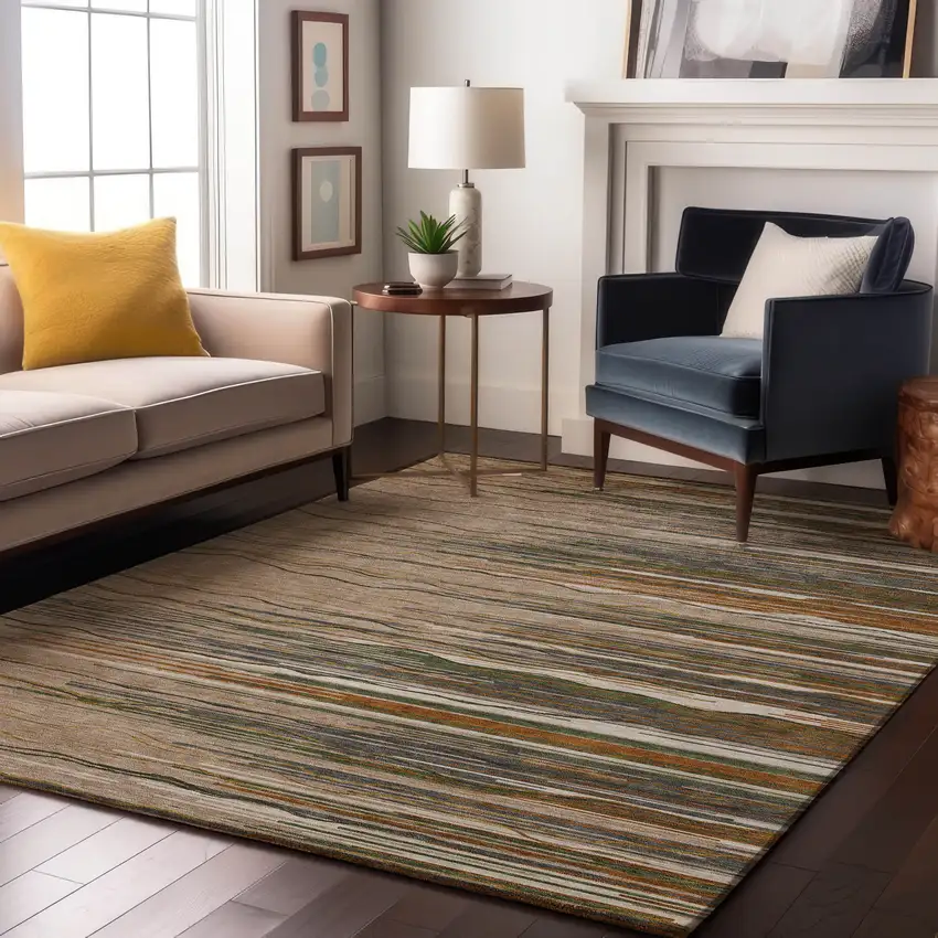 Taupe Green And Rust Striped Washable Area Rug With UV Protection Photo 5