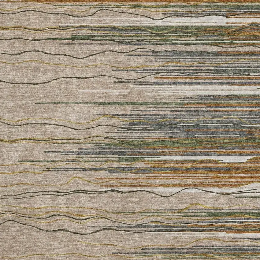 Taupe Green And Rust Striped Washable Area Rug With UV Protection Photo 2