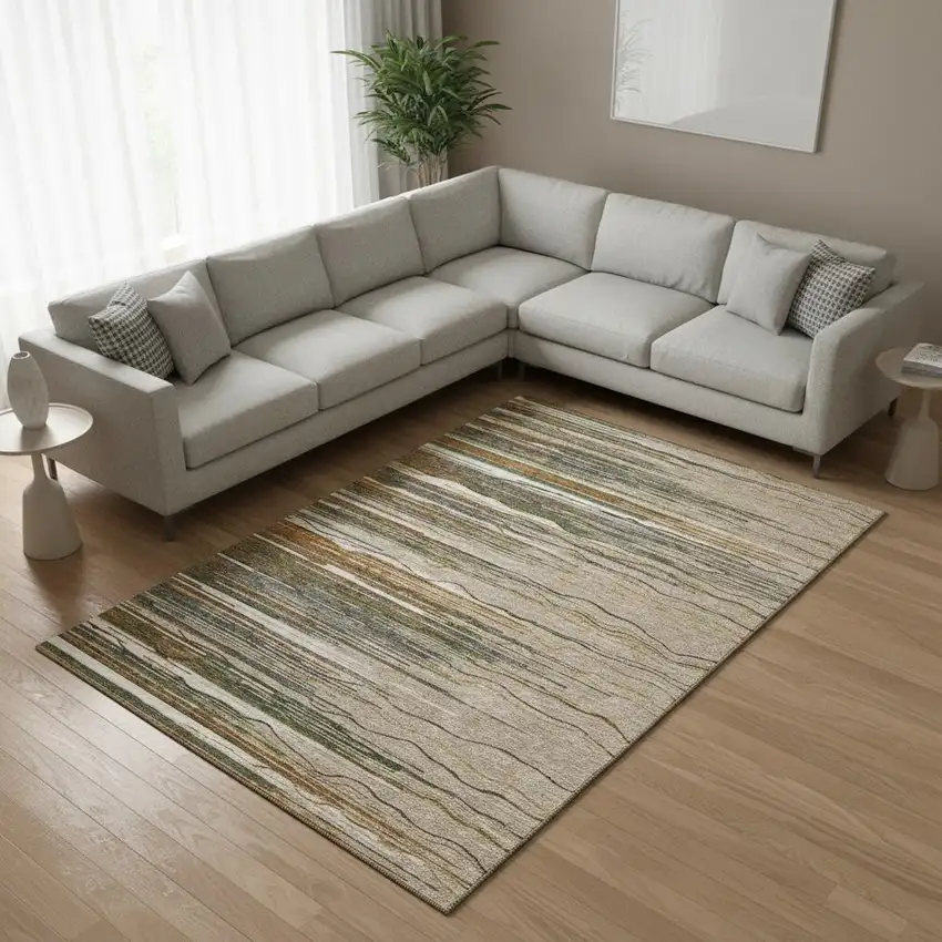 Taupe Green And Rust Striped Washable Area Rug With UV Protection Photo 2