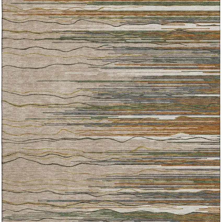 Taupe Green And Rust Striped Washable Area Rug With UV Protection Photo 3