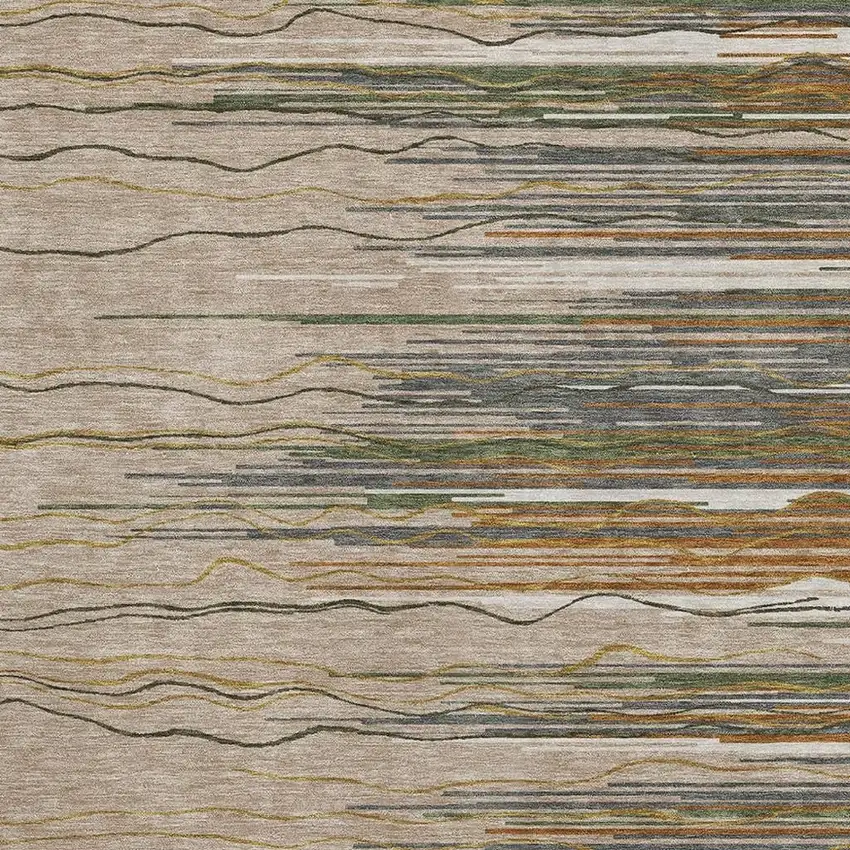 Taupe Green And Rust Striped Washable Area Rug With UV Protection Photo 2