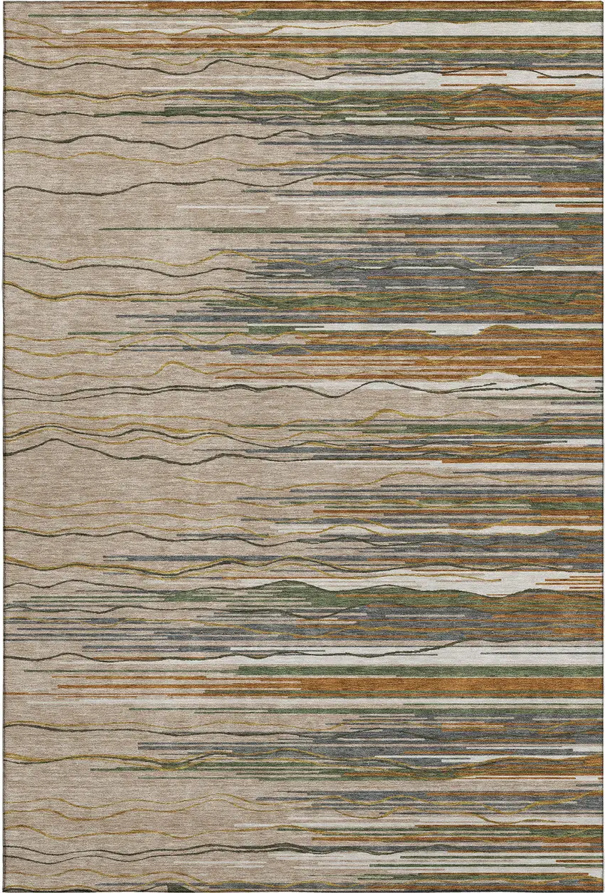 Taupe Green And Rust Striped Washable Area Rug With UV Protection Photo 1
