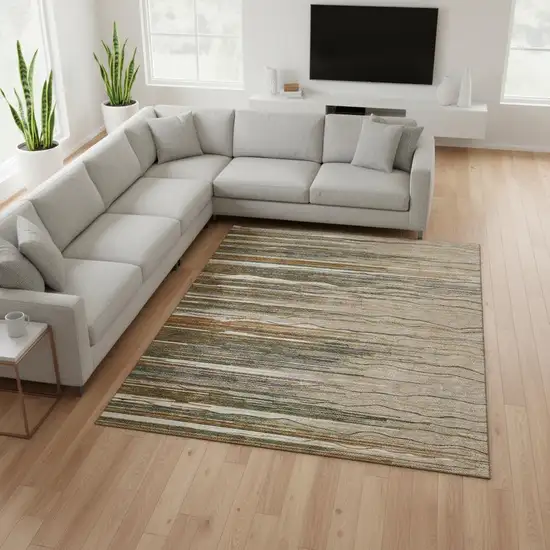 Taupe Green And Rust Striped Washable Area Rug With UV Protection Photo 2