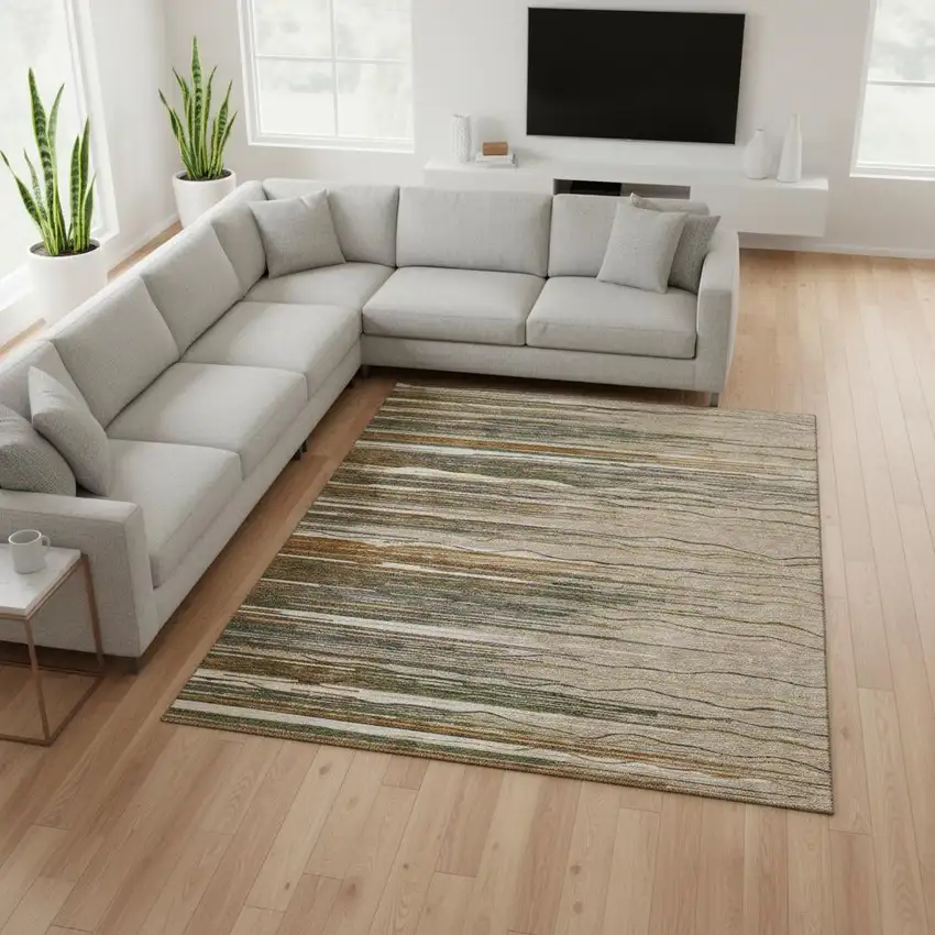 Taupe Green And Rust Striped Washable Area Rug With UV Protection Photo 2