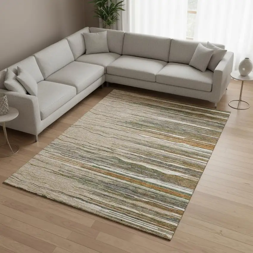 Taupe Green And Rust Striped Washable Area Rug With UV Protection Photo 2