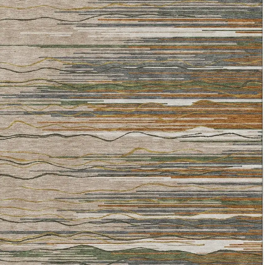 Taupe Green And Rust Striped Washable Area Rug With UV Protection Photo 2