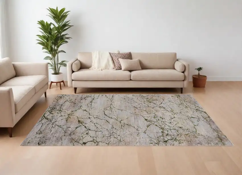 Taupe Green and Tan Abstract Power Loom Area Rug Photo 1
