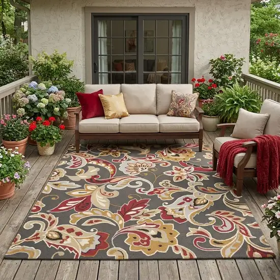 Taupe Floral Indoor Outdoor Area Rug Photo 1