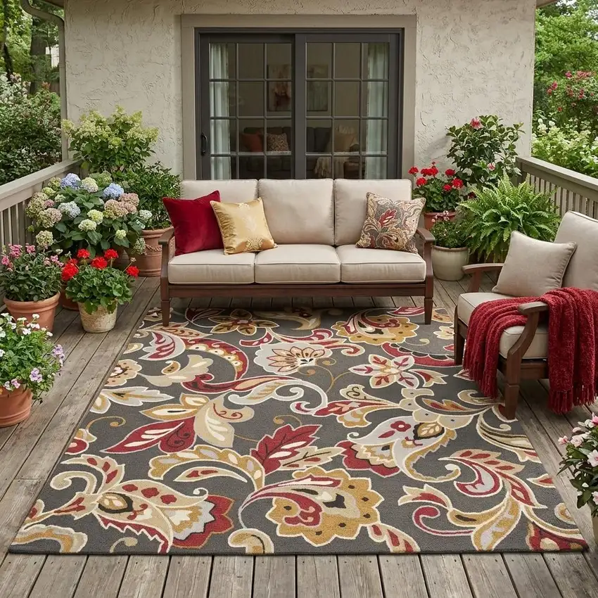 Taupe Floral Indoor Outdoor Area Rug Photo 1
