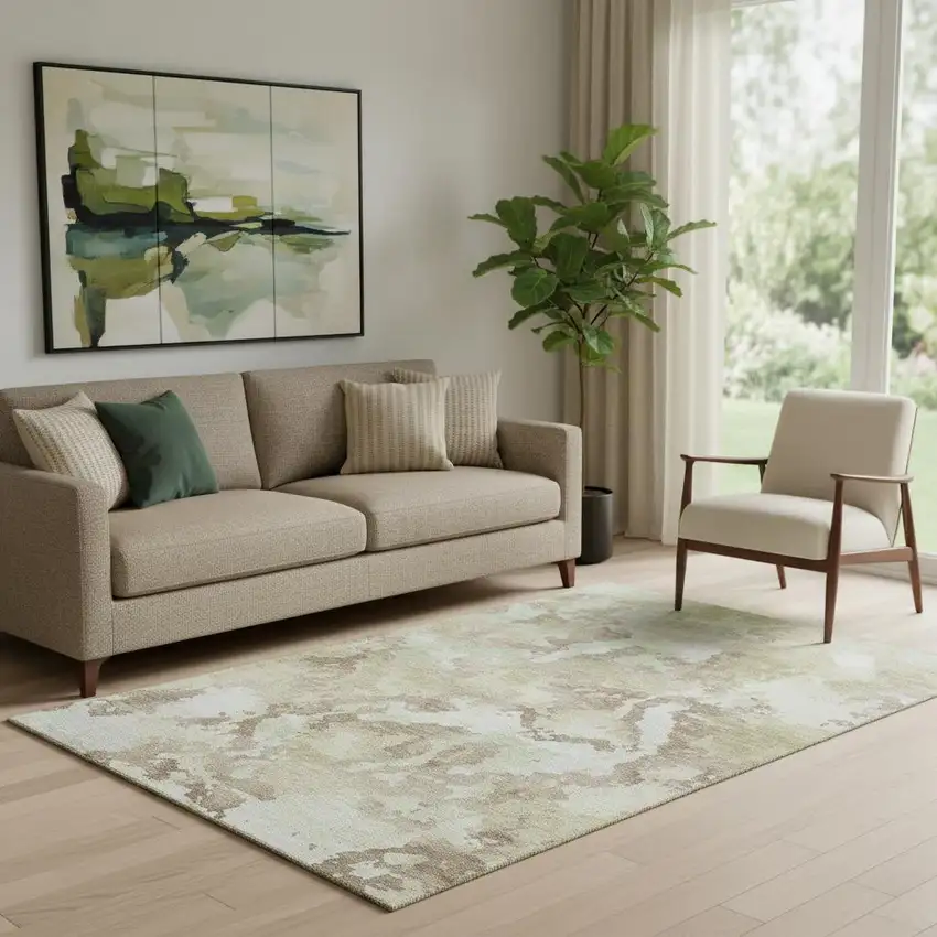 Taupe Ivory And Beige Abstract Washable Area Rug With UV Protection Photo 2