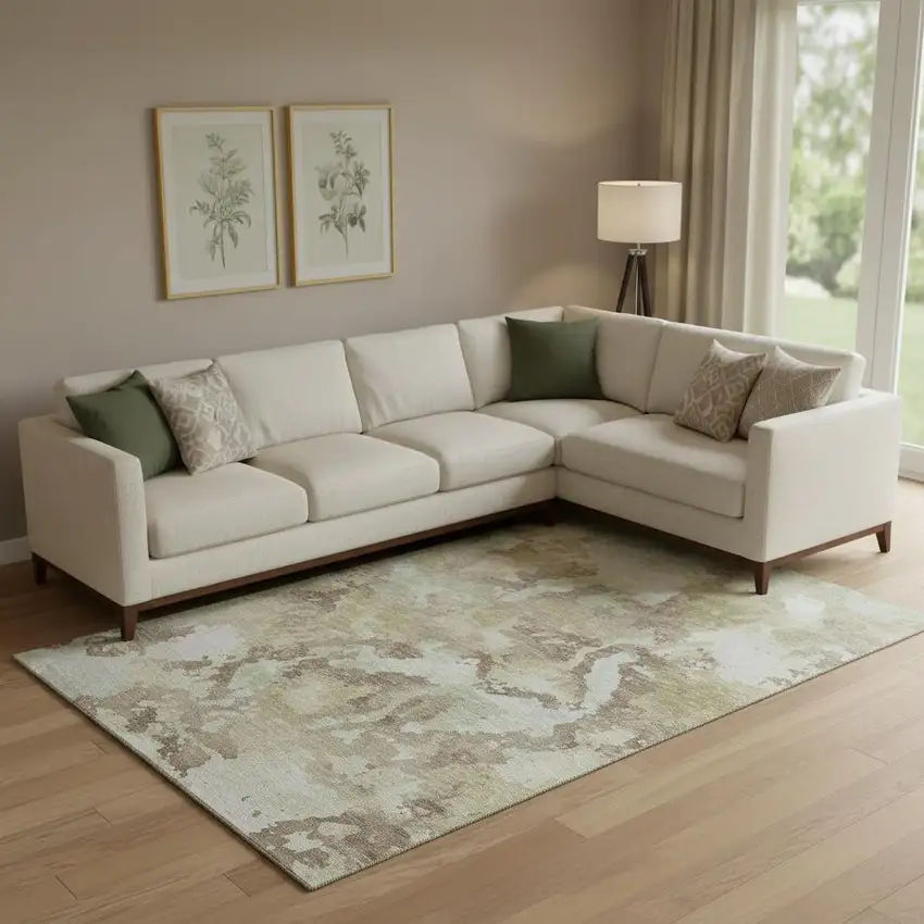 Taupe Ivory And Beige Abstract Washable Area Rug With UV Protection Photo 2