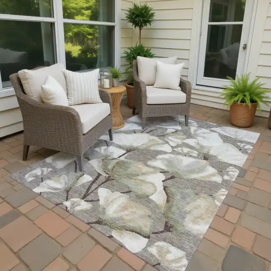 Taupe Ivory And Beige Botanical Leaves Washable Indoor Outdoor Area Rug Photo 2