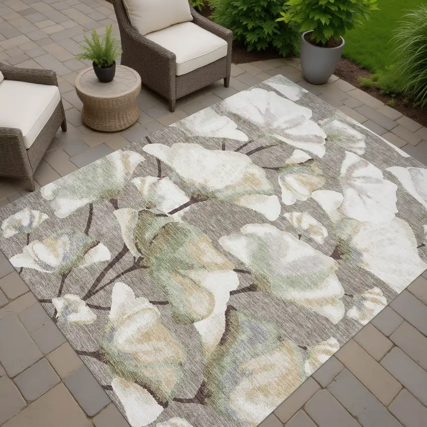 Taupe Ivory And Beige Botanical Leaves Washable Indoor Outdoor Area Rug Photo 6