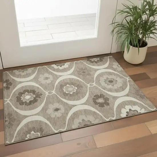 Taupe Ivory And Beige Medallion Washable Area Rug With UV Protection Photo 1
