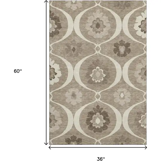 Taupe Ivory And Beige Medallion Washable Area Rug With UV Protection Photo 3