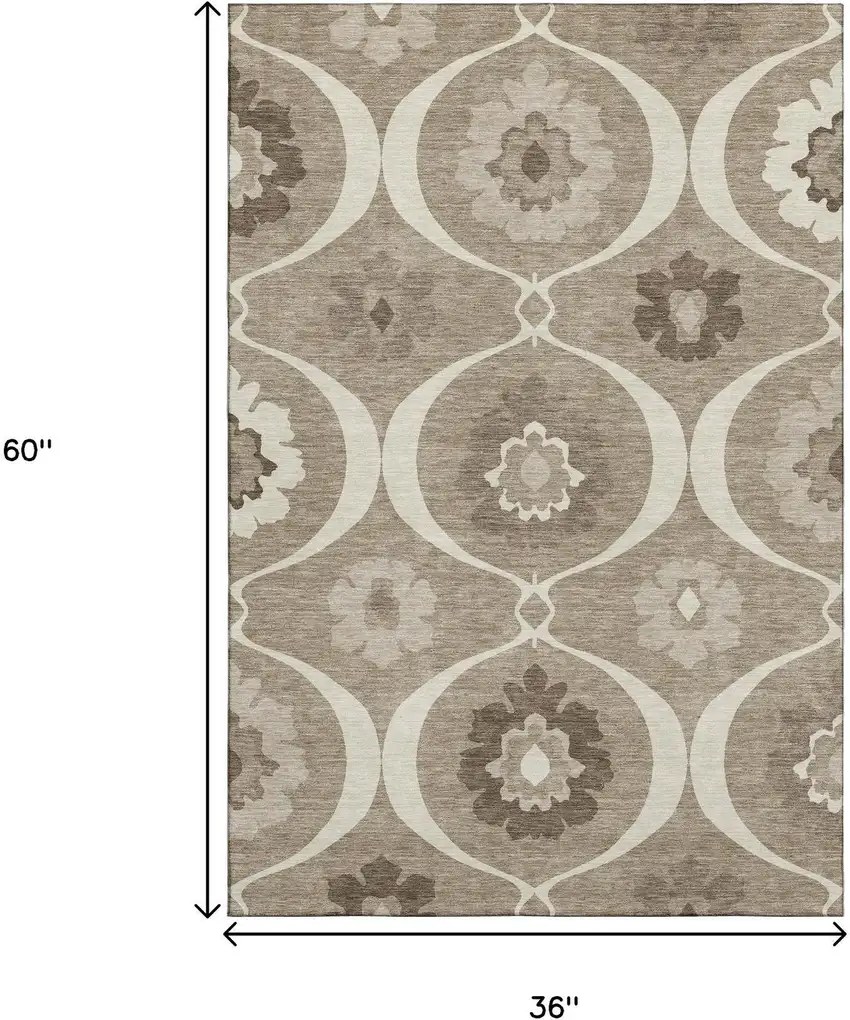 Taupe Ivory And Beige Medallion Washable Area Rug With UV Protection Photo 3