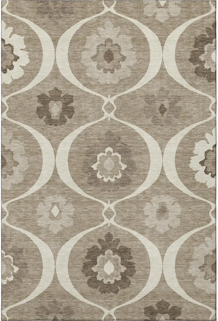 Taupe Ivory And Beige Medallion Washable Area Rug With UV Protection Photo 4