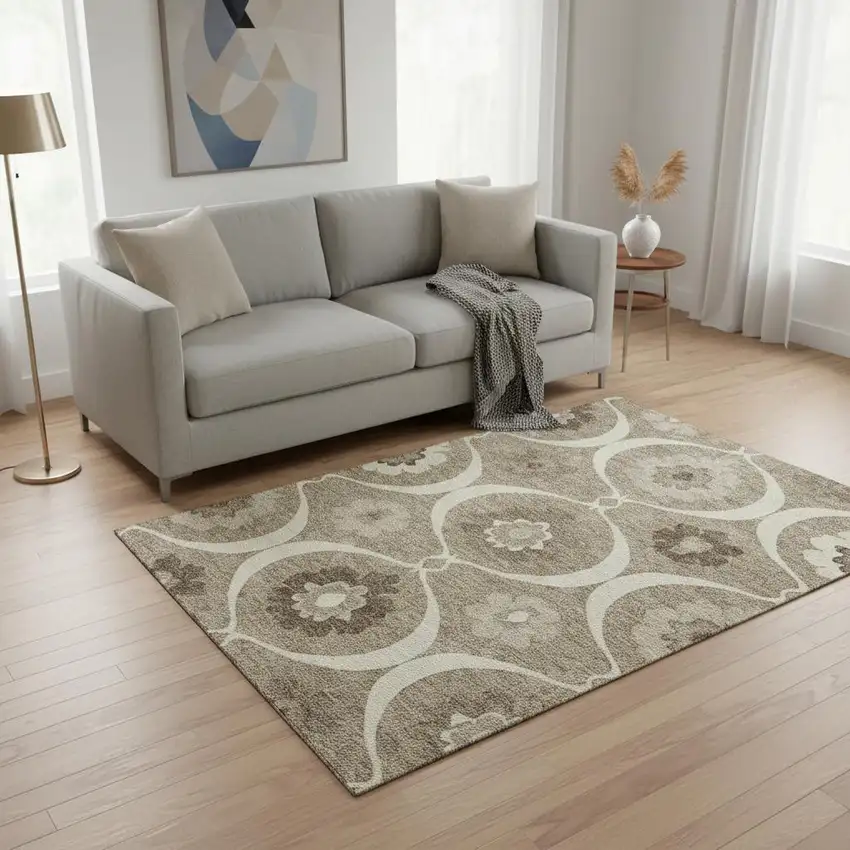 Taupe Ivory And Beige Medallion Washable Area Rug With UV Protection Photo 2
