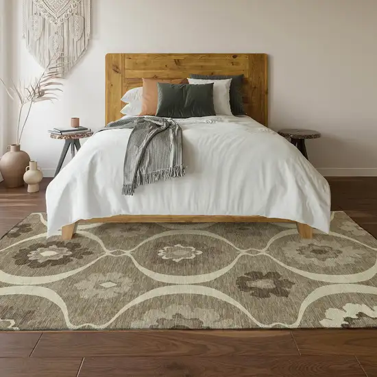 Taupe Ivory And Beige Medallion Washable Area Rug With UV Protection Photo 6