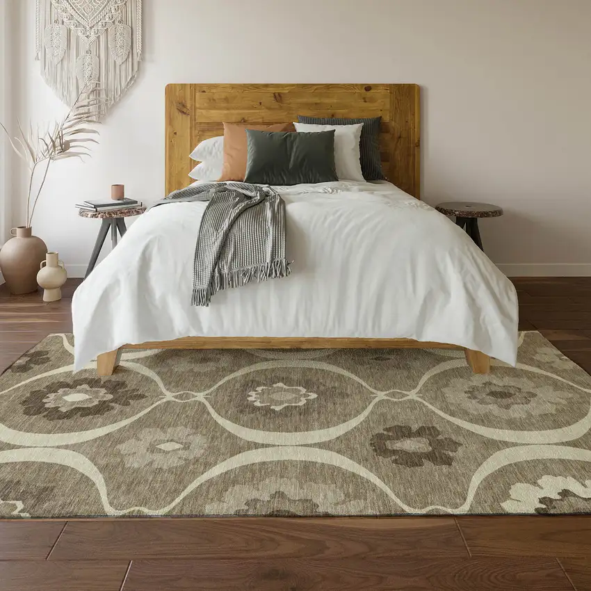 Taupe Ivory And Beige Medallion Washable Area Rug With UV Protection Photo 6