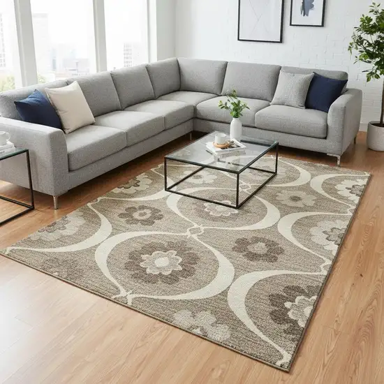 Taupe Ivory And Beige Medallion Washable Area Rug With UV Protection Photo 2