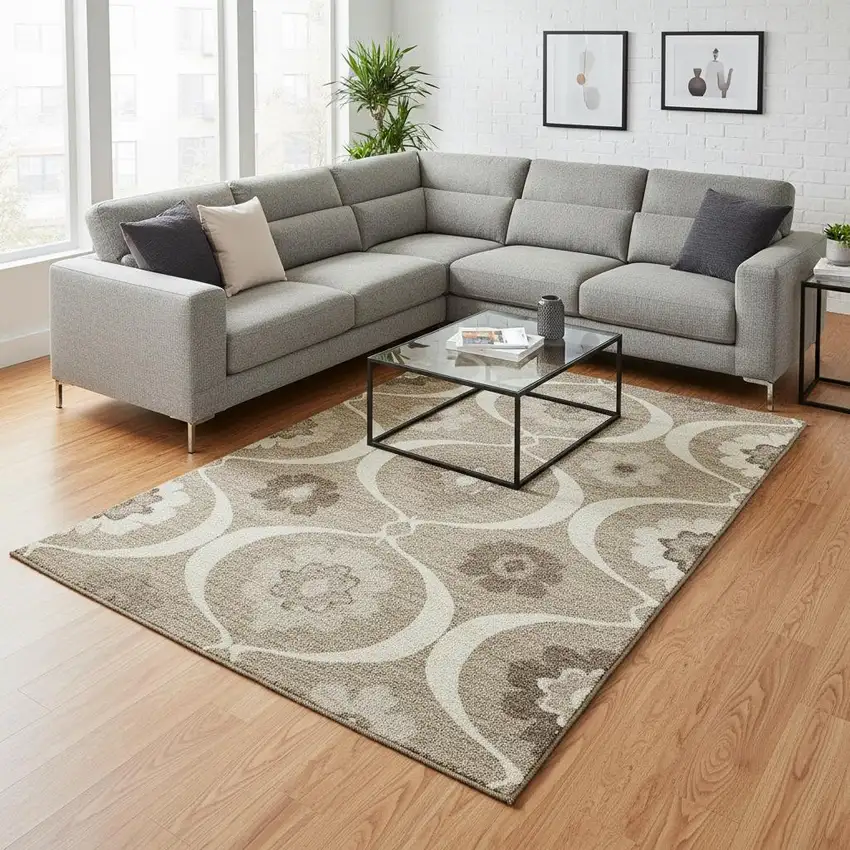 Taupe Ivory And Beige Medallion Washable Area Rug With UV Protection Photo 2