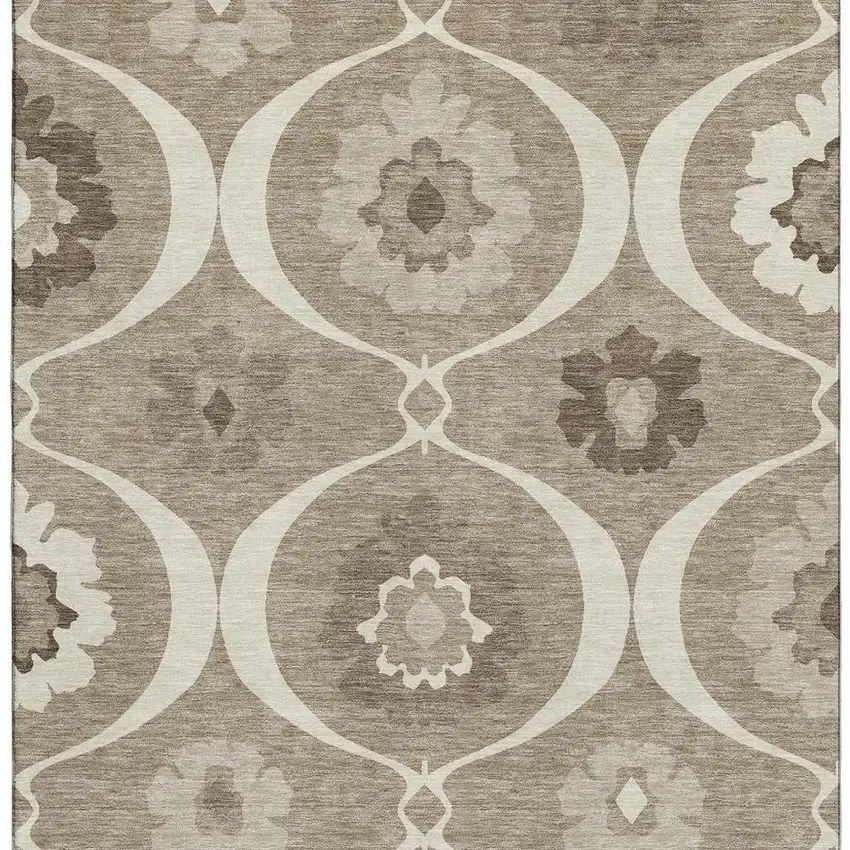 Taupe Ivory And Beige Medallion Washable Area Rug With UV Protection Photo 3