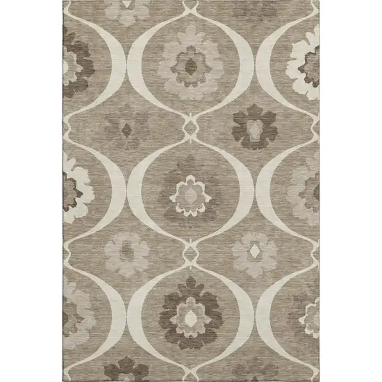 Taupe Ivory And Beige Medallion Washable Area Rug With UV Protection Photo 1
