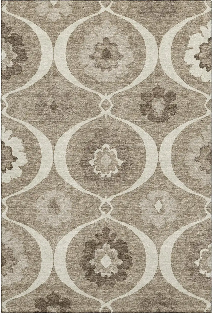 Taupe Ivory And Beige Medallion Washable Area Rug With UV Protection Photo 1