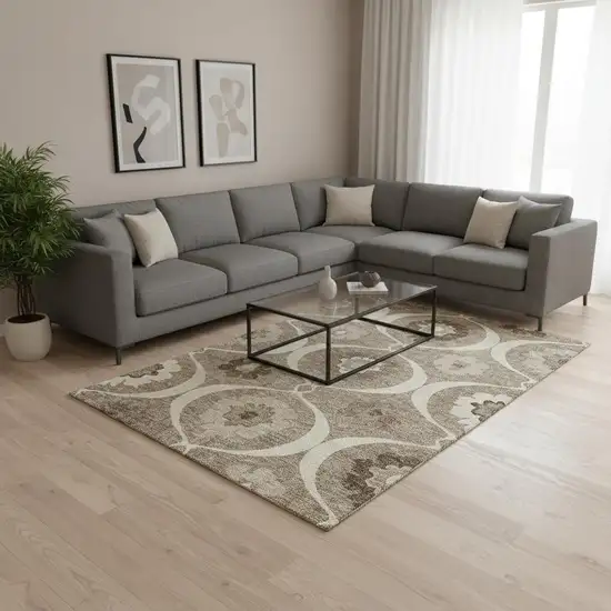 Taupe Ivory And Beige Medallion Washable Area Rug With UV Protection Photo 2