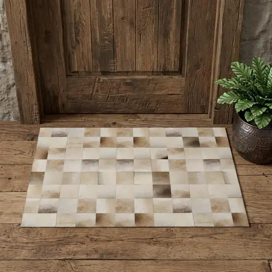 Taupe Ivory And Beige Patchwork Washable Area Rug With UV Protection Photo 1