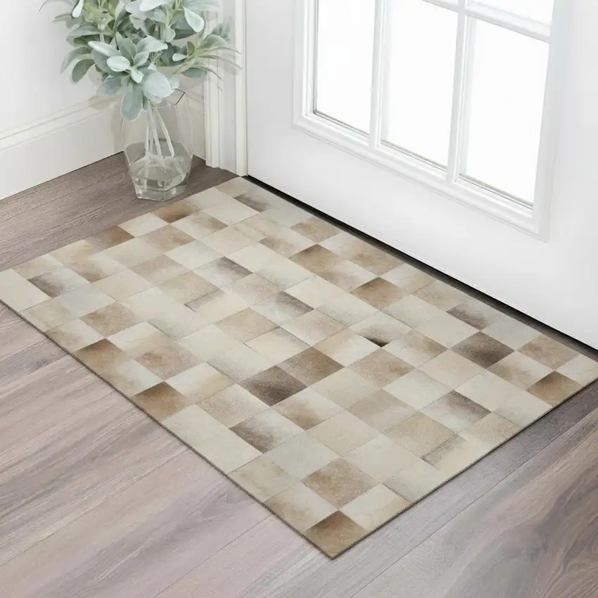 Taupe Ivory And Beige Patchwork Washable Area Rug With UV Protection Photo 1