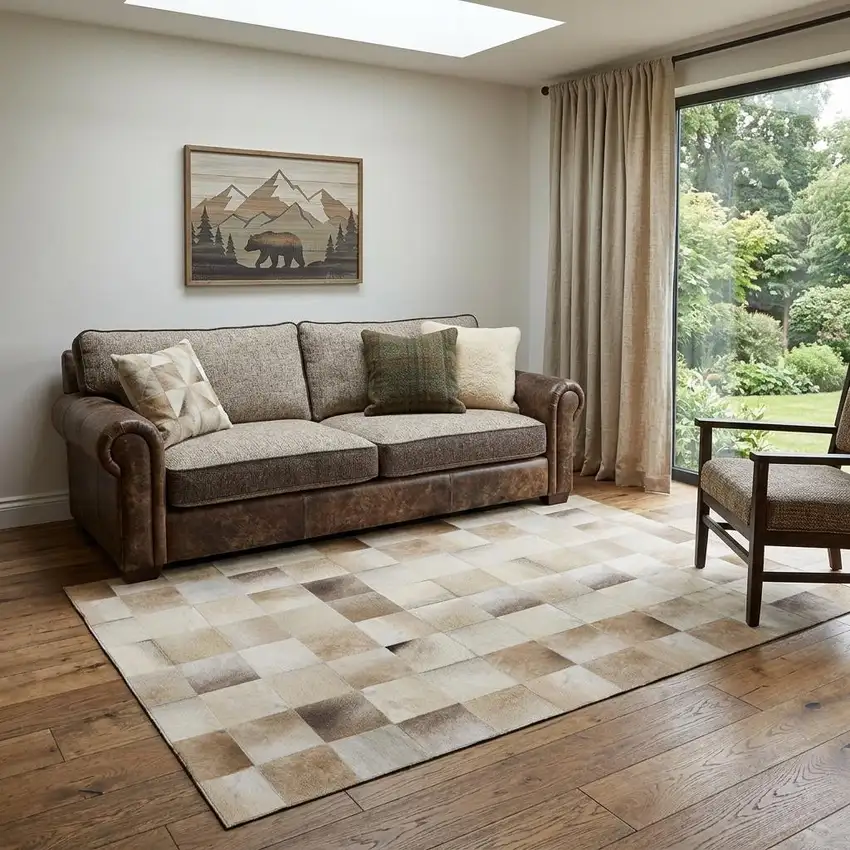 Taupe Ivory And Beige Patchwork Washable Area Rug With UV Protection Photo 1