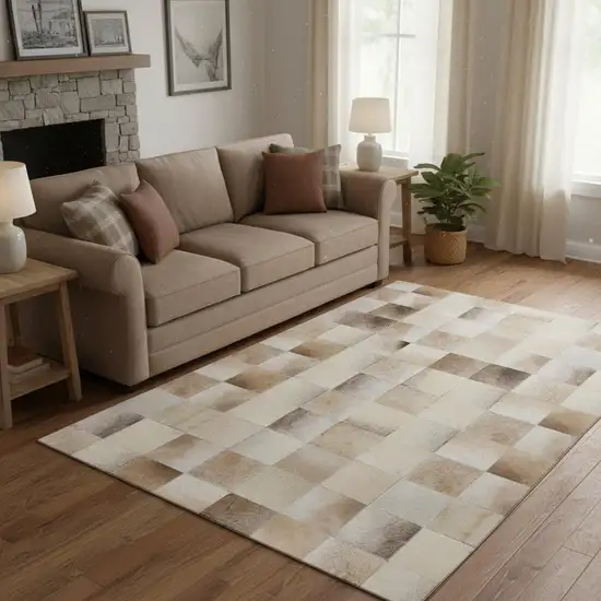 Taupe Ivory And Beige Patchwork Washable Area Rug With UV Protection Photo 1