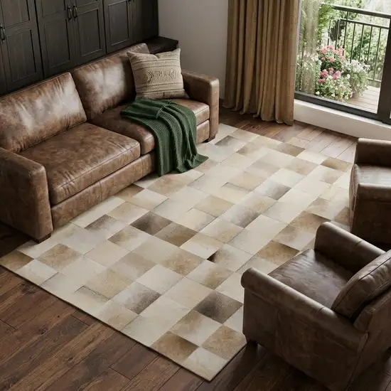 Taupe Ivory And Beige Patchwork Washable Area Rug With UV Protection Photo 1