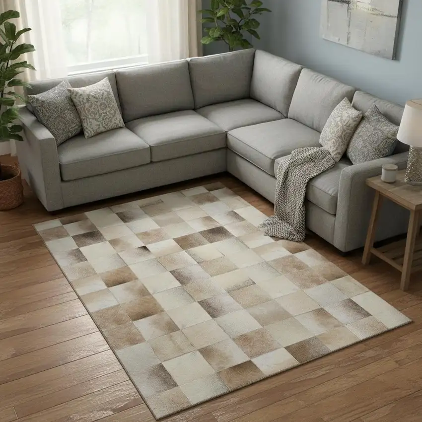 Taupe Ivory And Beige Patchwork Washable Area Rug With UV Protection Photo 1