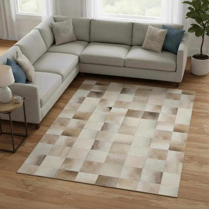 Taupe Ivory And Beige Patchwork Washable Area Rug With UV Protection Photo 1
