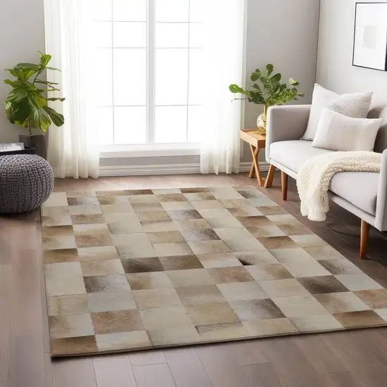 Beige Ivory And Taupe Geometric Washable Area Rug With UV Protection Photo 3