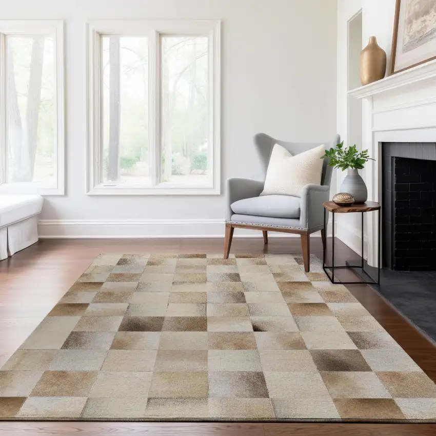 Beige Ivory And Taupe Geometric Washable Area Rug With UV Protection Photo 4