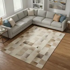 Photo of Taupe Ivory And Beige Patchwork Washable Area Rug With UV Protection