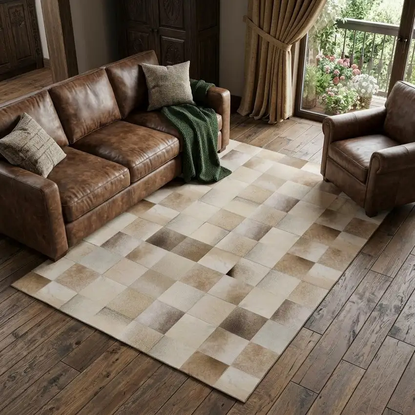 Taupe Ivory And Beige Patchwork Washable Area Rug With UV Protection Photo 1