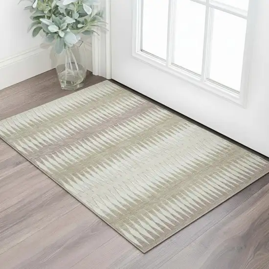 Taupe Ivory And Beige Striped Washable Area Rug With UV Protection Photo 1