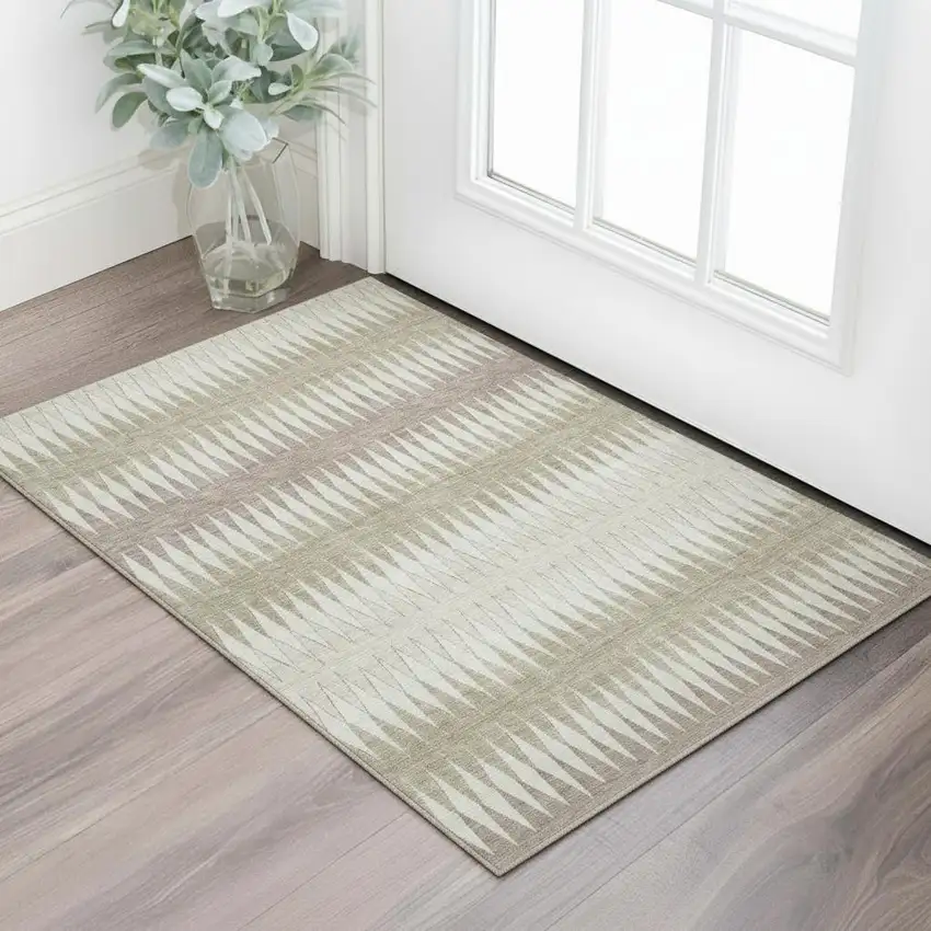 Taupe Ivory And Beige Striped Washable Area Rug With UV Protection Photo 1