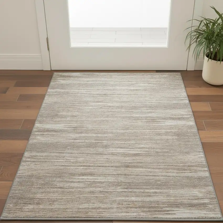 Taupe Ivory And Beige Striped Washable Area Rug With UV Protection Photo 2