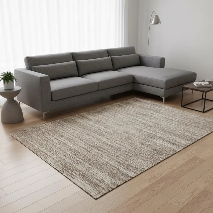 Taupe Ivory And Beige Striped Washable Area Rug With UV Protection Photo 2