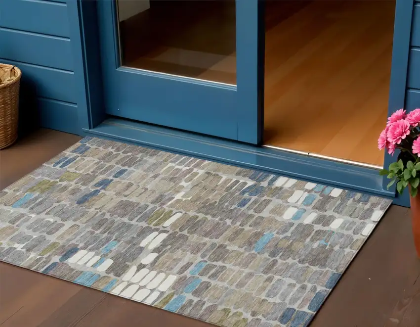 Taupe Ivory And Blue Abstract Washable Indoor Outdoor Area Rug Photo 1