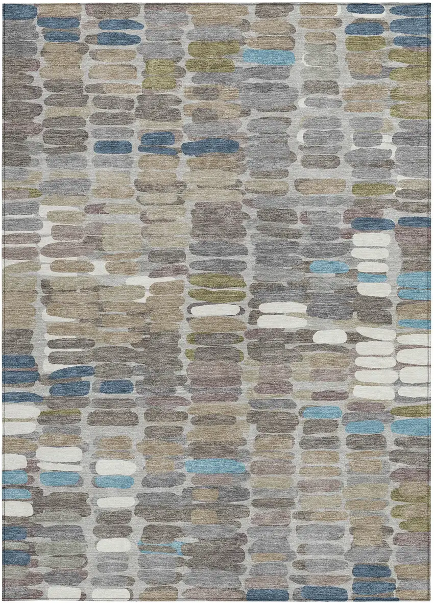Taupe Ivory And Blue Abstract Washable Indoor Outdoor Area Rug Photo 5